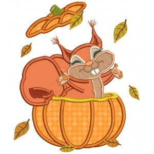 Happy Squirrel Inside a Pumpkin Applique Machine Embroidery Design Digitized Pattern